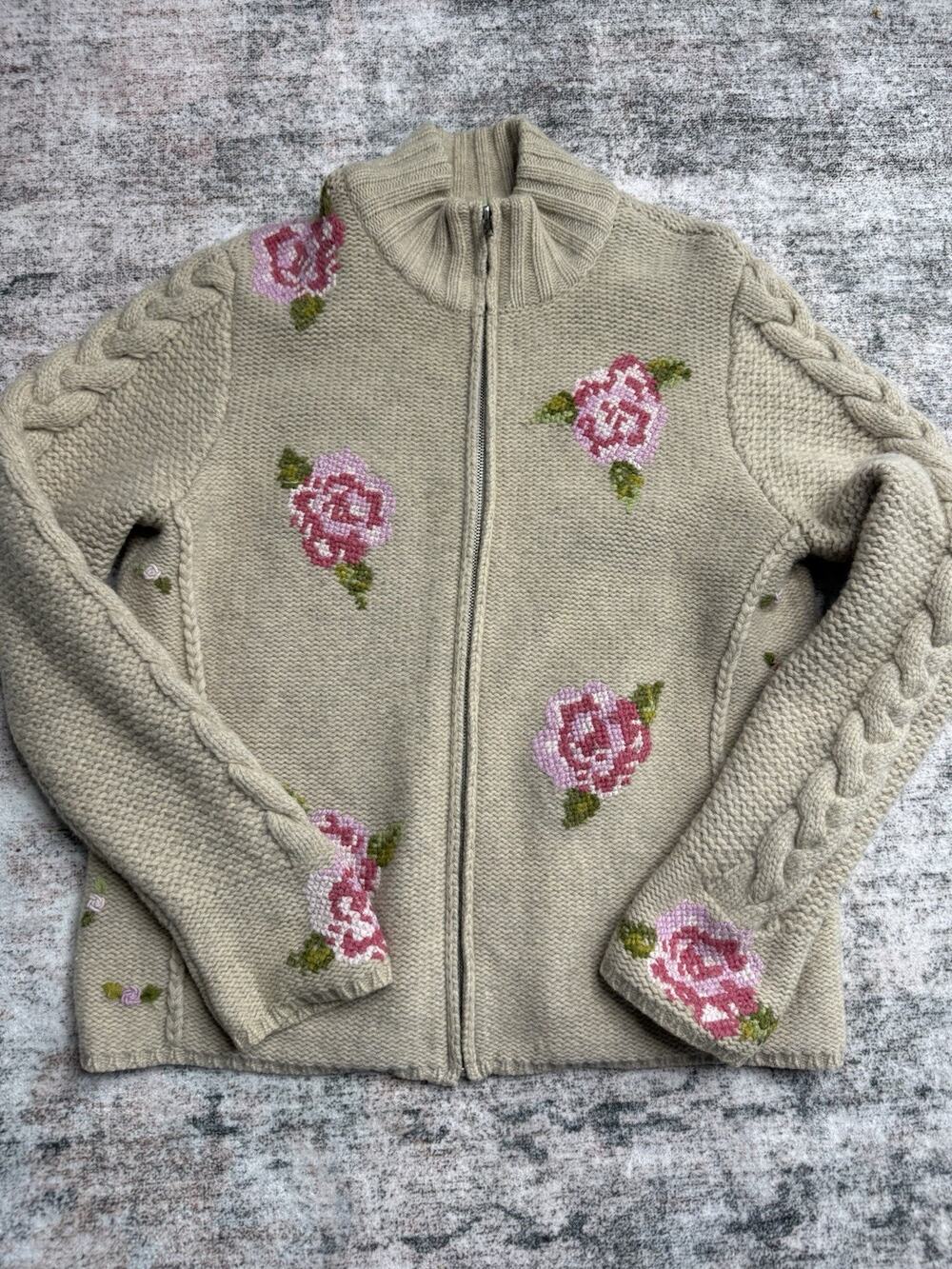 VTG Frost beige floral Cardigan full zip Lambswool cable knit Embroidery